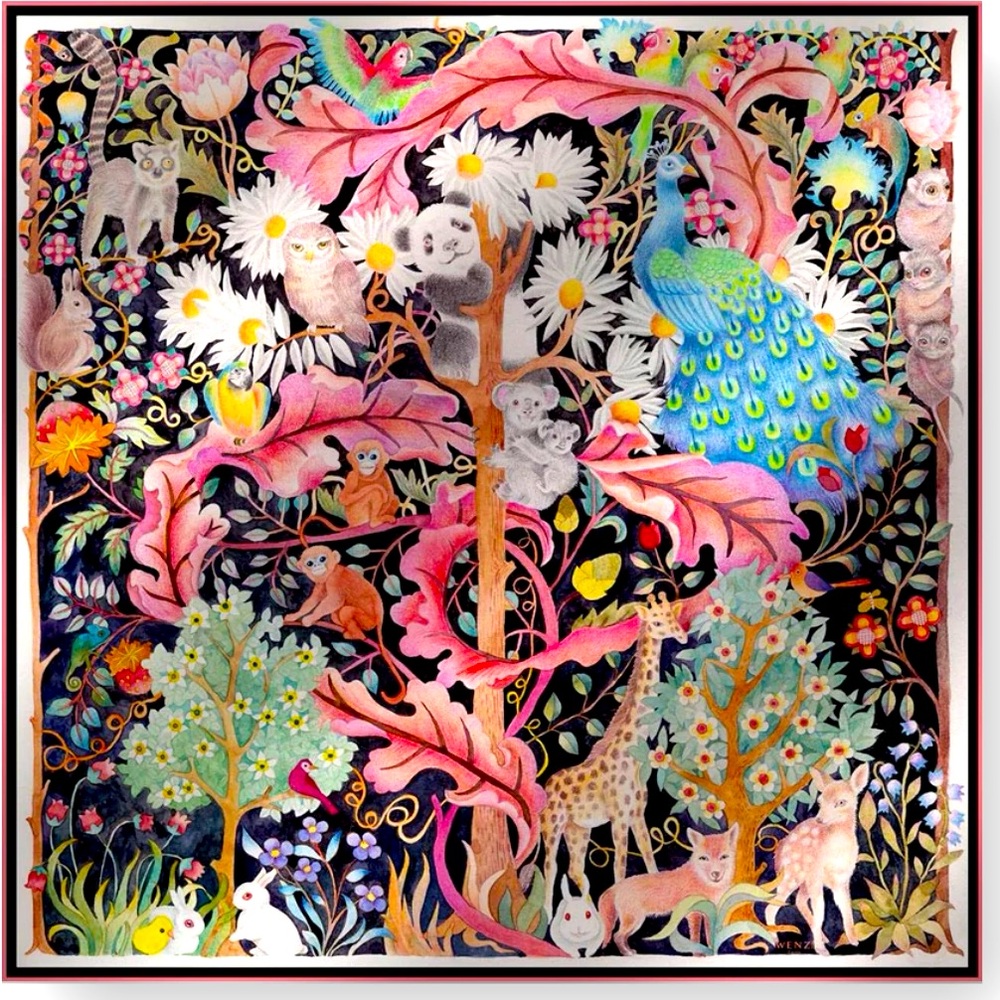 Silk Scarf, Canadian Artist Wenzi, Animal Friends